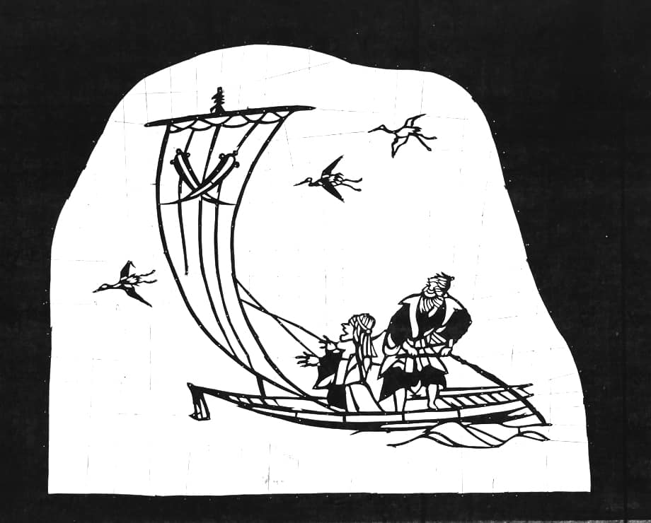 Two Figures in a Sailboat with Cranes